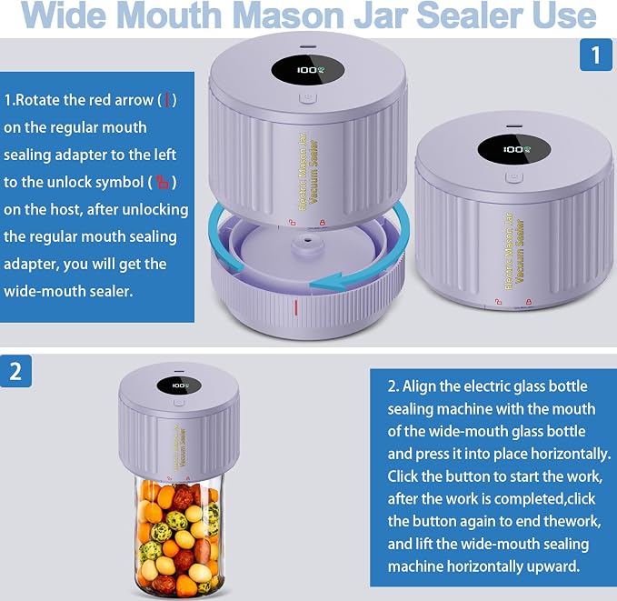 LOVE MOMENT Electric Mason Jar Vacuum Sealer Kit for Wide Mouth and Regular Mouth Mason Jar - Purple