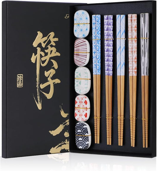 Antner 5 Pairs Reusable Bamboo Chopsticks and 5PCS Ceramic Rests Set, 8.8 Inch Classic Japanese Style Chopsticks with Holders for Sushi Ramen Asian Cuisine, Non-Slip, Black Elegant Gift Box
