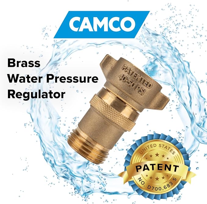 Camco Brass Marine/RV Water Pressure Regulator – Protects RV Kitchen Small Appliances, Plumbing & Hoses – Reduces RV Water Pressure to Safe & Consistent 40-50 PSI – Drinking Water Safe (40055)
