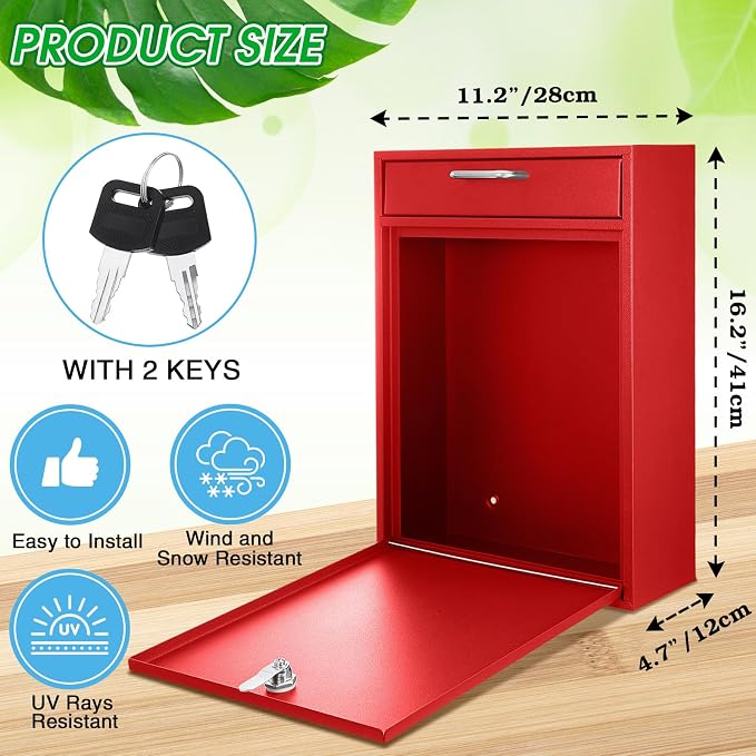 Yaocom Locking Mailbox with Key for Outdoor 16.2 x 11.2 x 4.7 Inches Large Wall Mount Mail Box with Lock Security Mail Drop Metal Collection Boxes Hanging Secure Postbox(Red)