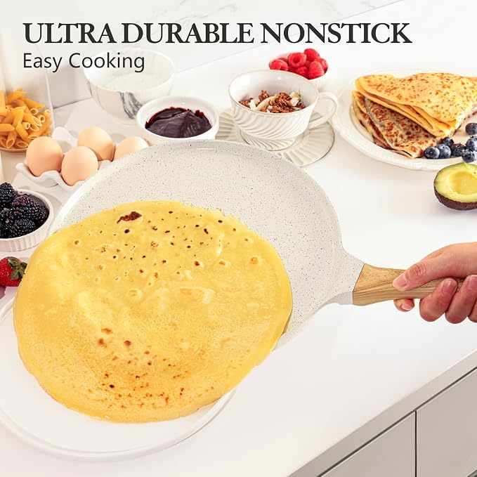 SENSARTE 10 Inch Nonstick Crepe Pan Ceramic Coating Pancake Pan White | Natural Ceramic Coating Dosa Pan Pancake Flat Skillet Tawa Griddle with Stay-Cool Handle, Induction Compatible