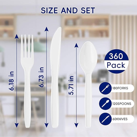 JOLLY CHEF 360 Count White Plastic Silverware Heavy Duty, 180 Forks, 120 Spoons, 60 Knives, Heat ResistantPlastic Utensils Set, Disposable Cutlery set, Premium Clear Utencils for Party, Thanksgiving