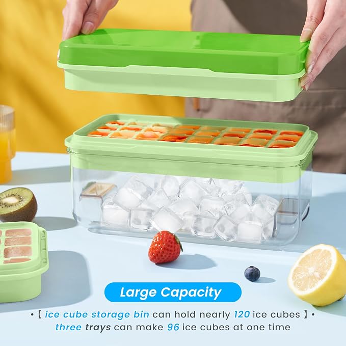 1.0" Ice Cube Trays for Freezer, PHINOX Ice Tray, 3-Tier(32Cubes/Tier)Green