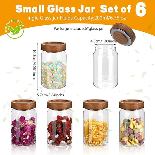 Small Glass Jars with Airtight Lid Spice Jar Round Food Storage Canister Clear Glass Seasoning Containers Jar for Pantry Sugar Tea Coffee Bean Spice Nuts Cookies Bath Salts (6 * 200ml(6.76oz))