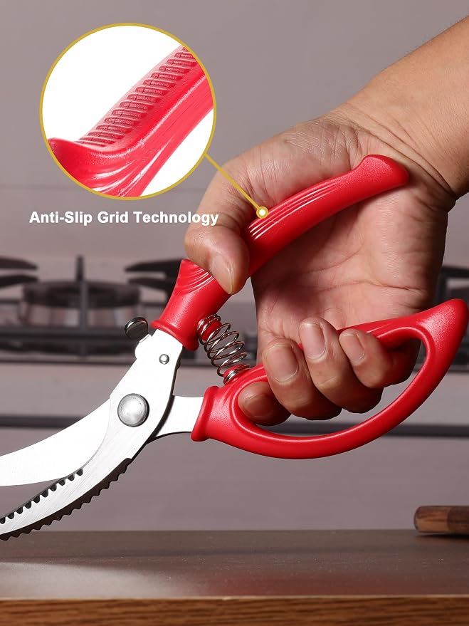 Poultry Shears, Kitchen Shears with Spring Loaded, Heavy Duty Poultry Scissors for Meat, Chicken,Turkey, Anti-Slip Handle,Safety Lock,Dishwasher Safe