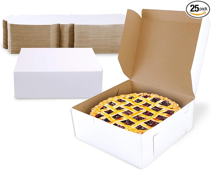 [25 Pack] Pastry Boxes - 7 x 7 x 3 Inches White Bakery Box for Cookies, Compostable Kraft Paper Cardboard for Baked Goods Packaging, Cake, Food, Donut, Cupcake, Candy, Bread, Bridesmaid Gift Box