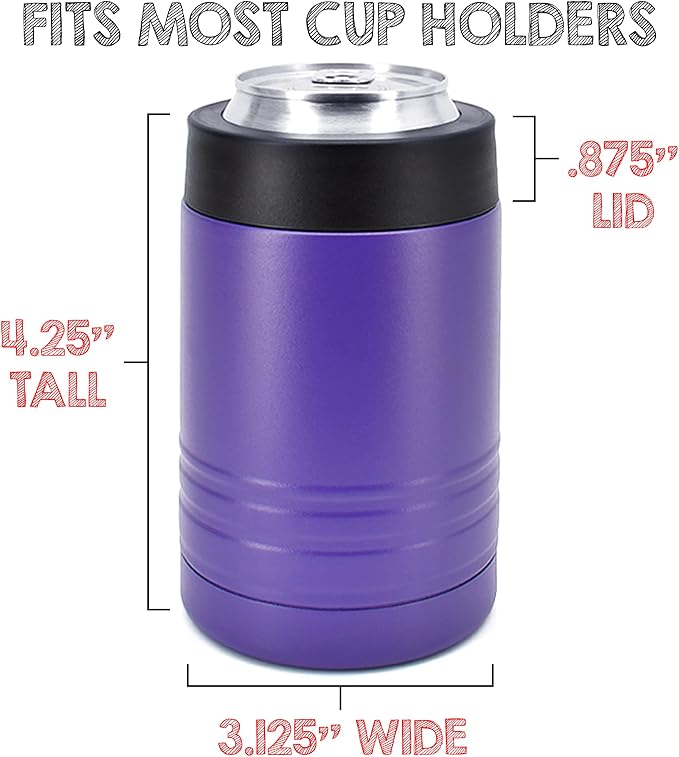 4-in-1 Stainless Steel 12 oz Double Wall Vacuum Insulated Can or Bottle Cooler Keeps Beverage Cold for Hours - Also Fits 16 oz Cans - Powder Coated Purple - Clear Water Home Goods