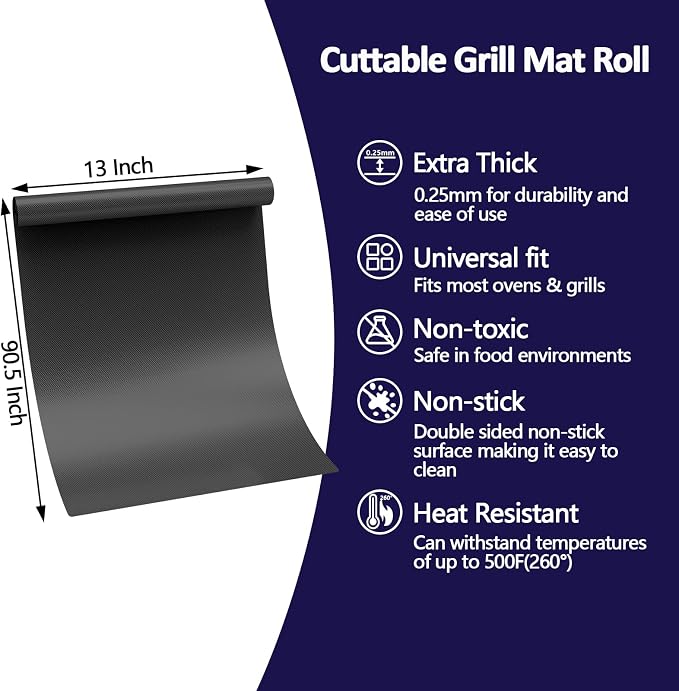 UBeesize 13x90 Inch Grill Mats Roll for Outdoor Grill- Heavy Duty Non-Stick BBQ Grilling Mat & Oven Liner, Reusable, Easy to Clean - Cut to Custom Fit Oven, Gas, Charcoal, and Electric BBQ