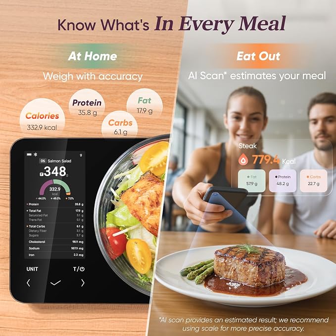 Cosori Smart Food Scale with Nutritional Calculator, USB Rechargeable, 11lb | AI Food Scan, Barcode Scan, 50 Food Preload, Free APP with 19 Nutrients, Calorie & Macro Tracking for Weight Loss