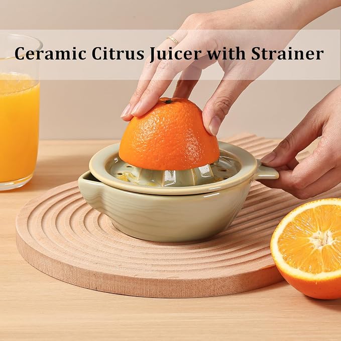 Ceramic Citrus Lemon Orange Juicer Manual Squeezer, Hand Juicer Reamer | Rotation Press with Strainer Lid, Spout, Handle, Dishwasher Safe, Easy to Clean
