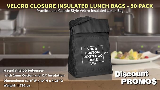 DISCOUNT PROMOS 50 Hook and Loop Insulated Lunch Bags Set - Customizable Text, Logo - Polyester, Durable, Vibrant, Reusable - Black