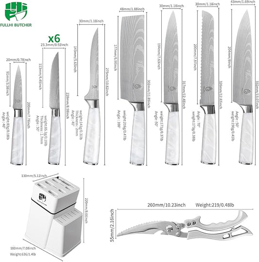 FULLHI 14pcs Block Knife Set, Chef's Knife Steak Knives Set with Block and Sharpener, Kitchen Knife Set, Multi-colour Handle, Gifts for Men Women