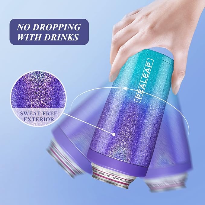 Pealeap 4-in-1 Insulated Slim Can Cooler for All 12oz Cans & Beer Bottles | Double-walled Stainless Steel Vacuum Can Cozy | Keep 8Hrs Cold | Universal Fits 12oz Drinks | No Sweat | Cup Holder Friendly
