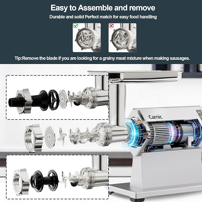 Camic Electric Meat Grinder - 300W Sausage Stuffer for Home Kitchen Use Meat Mincer with Stainless Steel 3 Plates, 1 Blade, Sausage Tube, Kubbe Maker (Sliver)