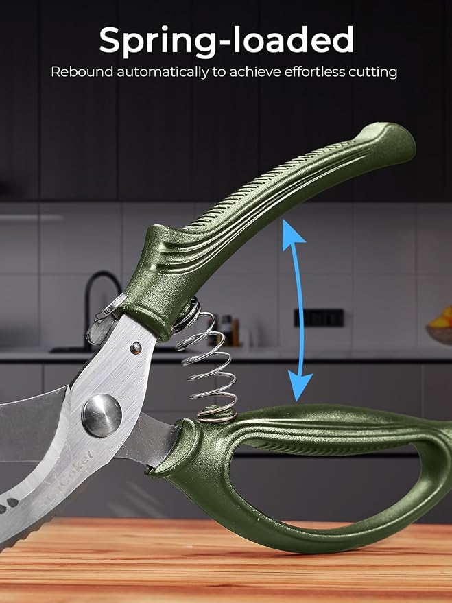 Poultry Shears, Heavy Duty Kitchen Shears With Anti-Slip Handle & Safety Lock, Poultry Scissors for Meat, Chicken, Bone,Turkey, Fish, Spring Loaded, Dishwasher Safe(Olive Green)