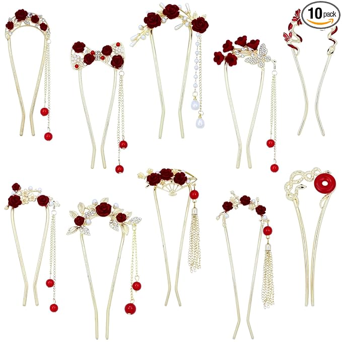 Lawie 10 Pack Cute Flower Butterfly U Shaped Gold Metal Hair Fork Pins Curved Chopsticks for Hair Sticks with Dangles French Hair Pins Bun Holder Decorative Hair Accessories for Women Girls (Red)