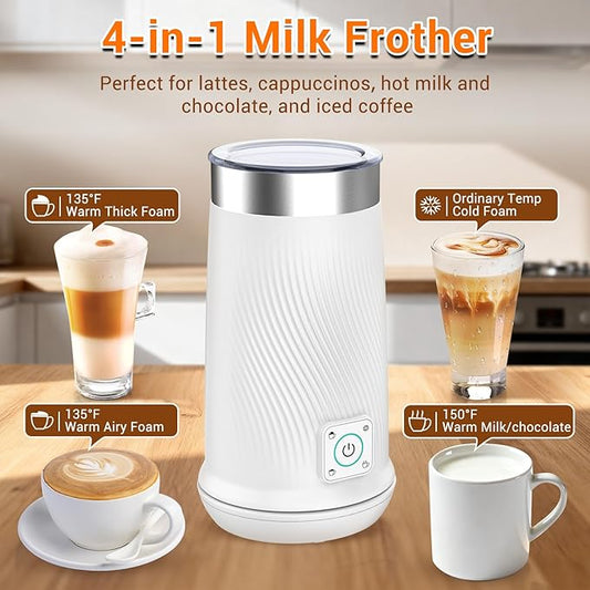 Milk Frother, 4-in-1 Electric Milk Steamer with Warm and Cold Foam Maker, Milk Heater and Warmer Hot & Cold Milk Foamer Maker for Latte Coffee Chocolate