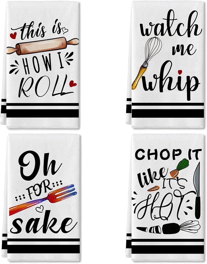 Funny Kitchen Towels and Dishcloths Sets of 4 Kitchen Towels with Sayings Egg Beater Rolling Pin Absorbent Drying Tea Dish Towel for Cooking Baking Home Decorations,18 x 28 Inch