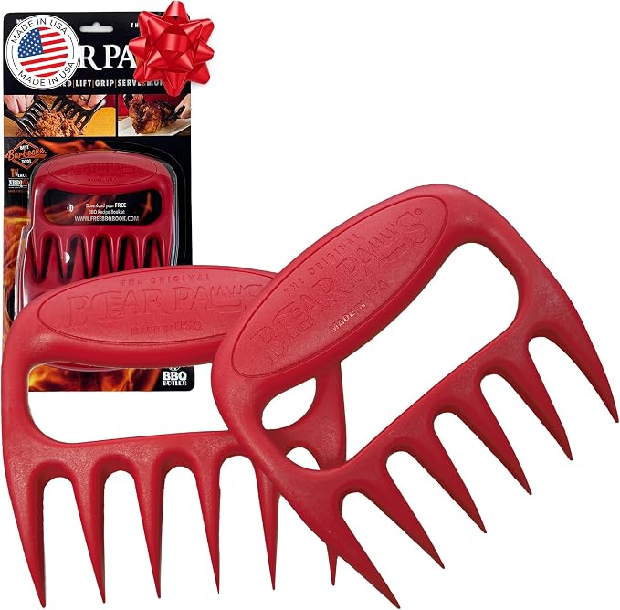 Bear Paws Meat Claws - The Original BBQ Meat Shredder Claws - Red | Shredder Claws for Pulled Pork, USA Made - Easily Lift, Shred, Pull and Serve Pork, Chicken, Brisket and Turkey