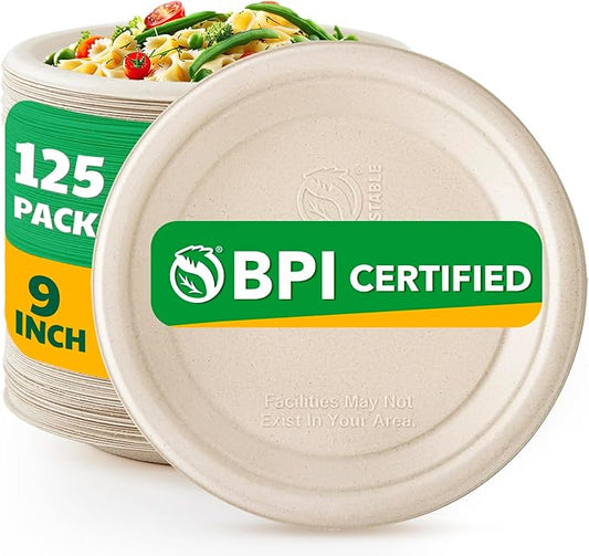 100% Compostable Paper Plates, 9 Inch, 125 Count, Biodegradable Bagasse Plates, Heavy Duty Disposable Plates Bulk for Party | Microwave-Safe | Soak-Resistant, Cut Resistant