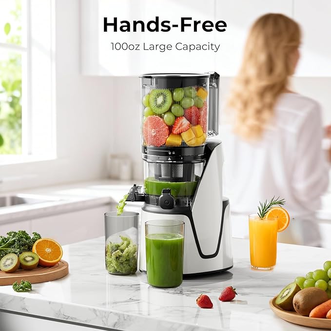 EanOruus Juicer Machines, 3-in-1 Cold Press Juicer, Bright White | Makes Juice, Nut Milk & Sorbet, 6.5" Extra Large Chute, 100oz Large Capacity, AC Motor