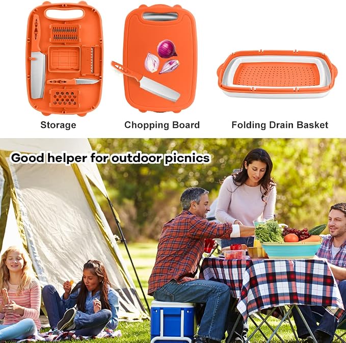 Camping Cutting Board, HI NINGER Collapsible Chopping Board with Colander, 9-In-1 Multi Kitchen Vegetable Washing Basket,Camping Gifts Accessories for RV Campers | Multi Camping Cutting Board Kitchen Vegetable Washing Basket for Camper ,bbq prep tub,Ca...