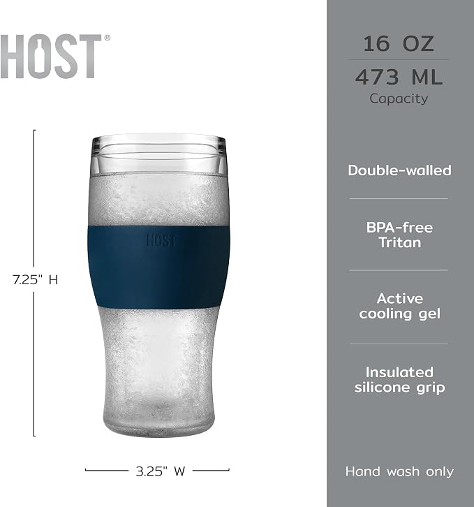 Host FREEZE Beer Glasses, Frozen Mugs, Freezable Pint Set, Keep Your Drinks Cold, Double Walled Insulated Glass, Tumbler for Iced Coffee, 16 oz, Set of 2, Varsity Blue