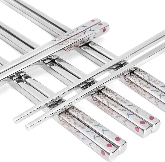 Stainless Steel Chopsticks, Titanium Plated Metal Chopsticks, 9.8" Premium Japanese Korean Color Laser Engraved Cooking Chop Sticks, Dishwasher Safe, Reusable, Anti-slip, Anti-scald, 2 Pairs Gift Set