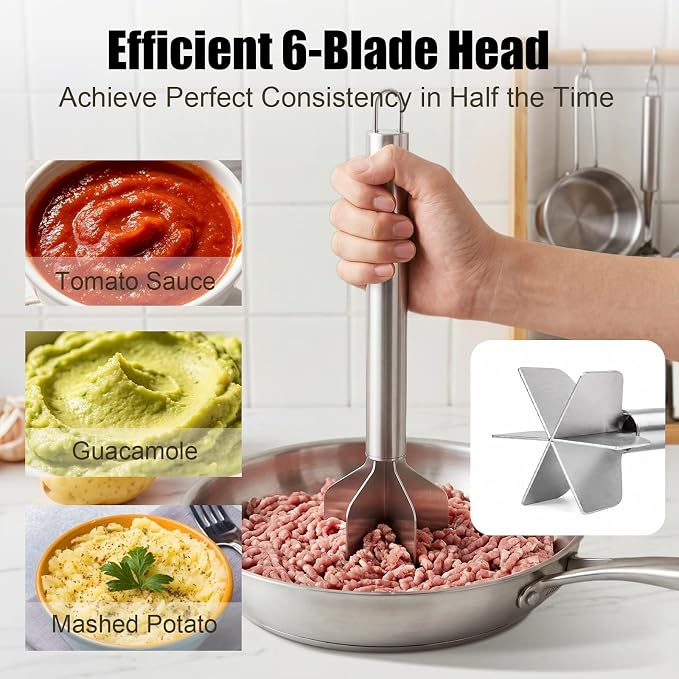 Meat Masher Stainless Steel, Heavy Duty Ground Beef Masher, 6-Blademeat Meat Chopper Potato Masher Hamburger Smasher, Dishwasher Safe (L, Stainless steel with hooks)