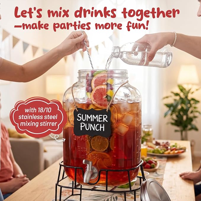 2 Gallon Glass Drink Dispensers for Parties, KIKCOIN Leakproof Beverage Dispenser with Stand & 18/10 Stainless Steel Spigot & Fruit Infuser -for Lemonade, Juice, Punch, Sun Tea Jars for Outside