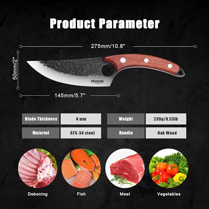 Huusk Hand Forged Viking Knife with Sheath for Kitchen Camping BBQ | Japanese Butcher Knife for Meat Cutting, High Carbon Steel Chef Knives with Ergonomic Wood Handle, Gifts for Men