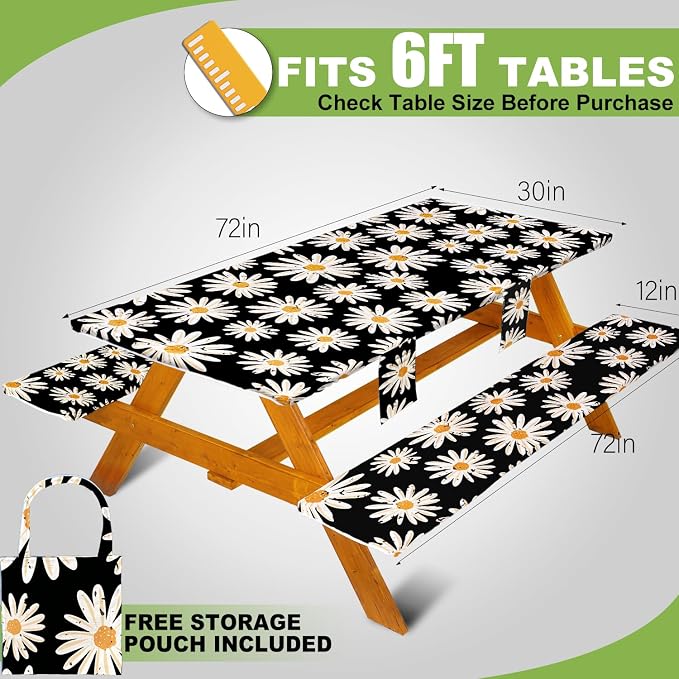 Fitted Picnic Table Cover with Bench Covers, Windproof Vinyl Table Cloths Outside Camping Cooking Backyard Furniture Seat Cushion Tablecloth Activities Party Decor Decorations Para Acampar Equipment