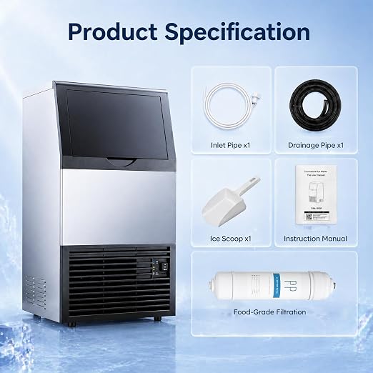 Mojgar Commercial Ice Maker Machine, 150Lbs/24H with 50Lbs Storage Bin | 45 Cubes in 5–15 Mins for Home Bar, Self-Cleaning, Stainless Steel, Built-in or Freestanding, Under Counter Ice Machine