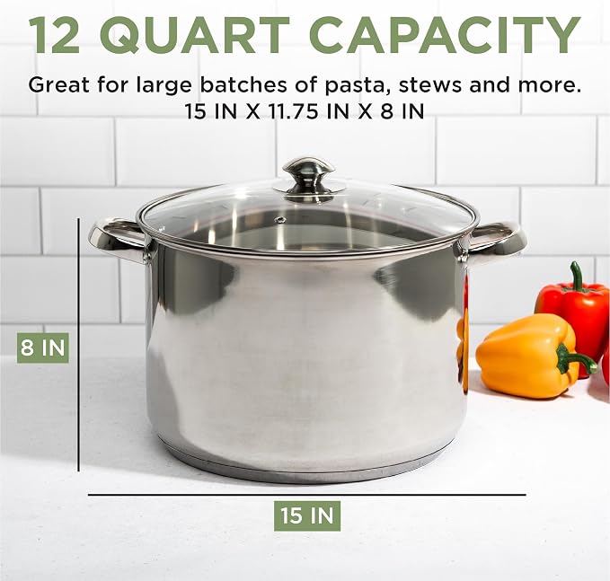 Ecolution Pure Intentions Stock Pot - Features Tempered Glass Lid, Stay-Cool Handles, and Encapsulated Bottom - Oven Safe - Curbside Recyclable Stainless Steel - 12 Quarts