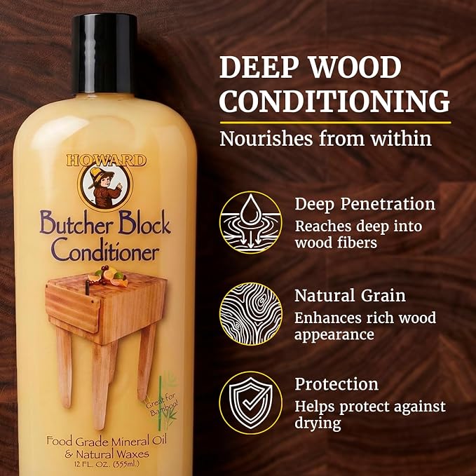 Howard Products Butcher Block Conditioner and Food Grade Mineral Oil for Wood Cutting Boards, 12 Fl Oz - Enhanced Wood Care