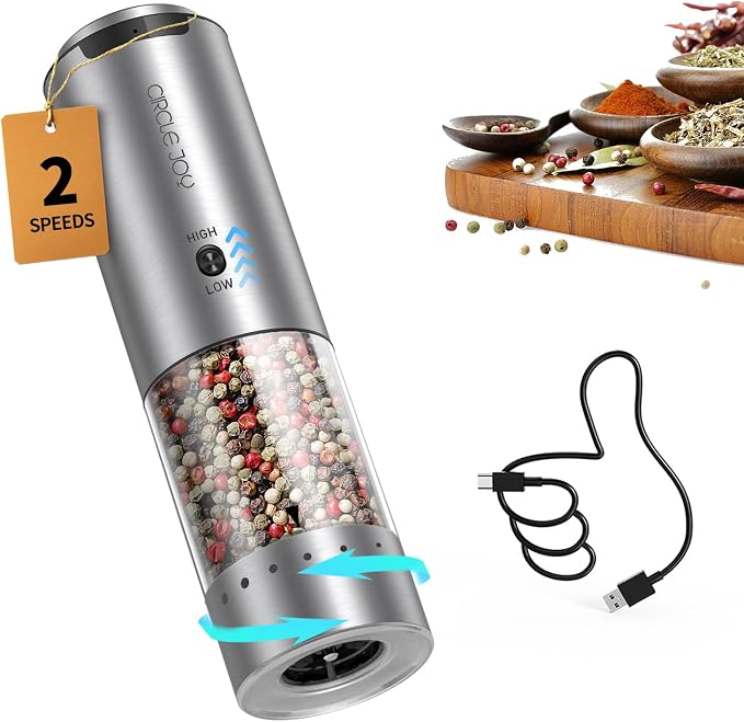 CIRCLE JOY Electric Pepper Grinder Stainless Steel Rechargeable Pepper Mill with Variable Grinding Speed, External Adjustable Coarseness, 95ml Container and White LED Light, Silver