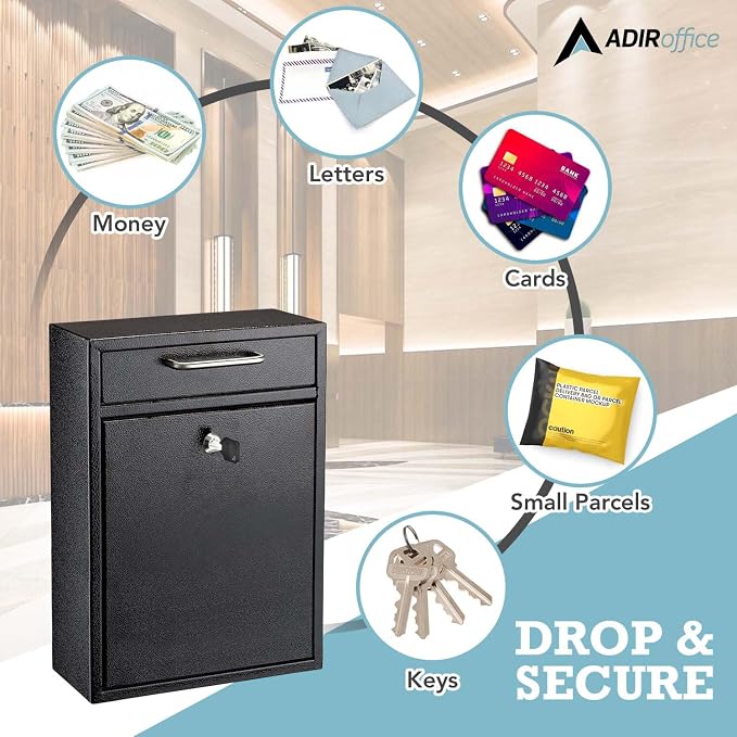 AdirOffice Wall Mount Mailbox - Mailbox with Lock and Keys- Durable Wall Mounted Locking Mailbox and Cash Drop Box for House, Apartments and Bussiness After Hours Deposits