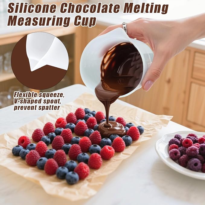 Juome Silicone Chocolate Melting Cup Set with 4PCS Silicone Measuring Cups for Melting Chocolate (250ml, 350ml) & 4PCS Jar Spatulas, Heat-Resistant, Baking Supplies Accessories for DIY Chocolate Molds