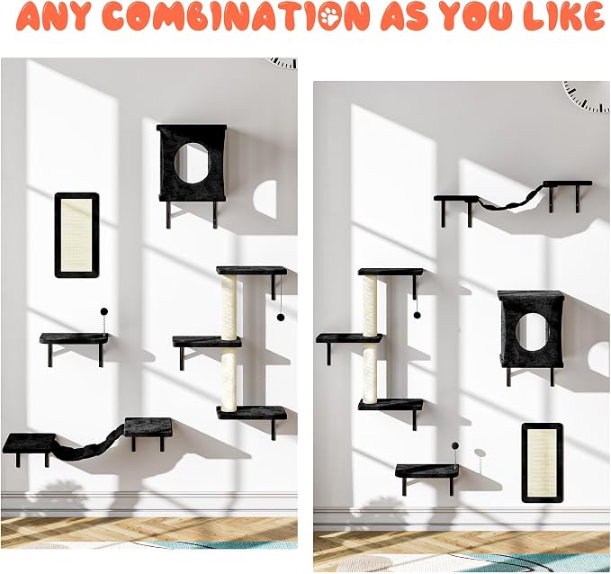 10 Pcs Cat Wall Shelves Set, Wall-Mounted Climber with Cat House, Scratching Post, Bridge, Hammock, Space-Saving Play Furniture, Black