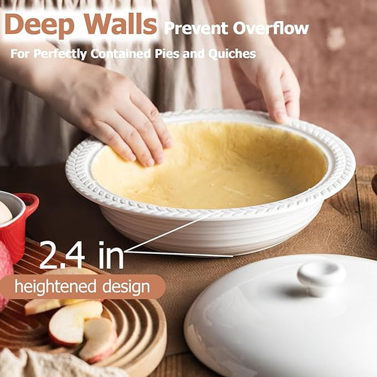 Deep Dish Pie Pan with Lid, 11 inch Ceramic Pie Dish, Round Baking Dish for Apple, Quiche, Pot Pies, Tart, etc, Microwave, Dishwasher, and Oven Safe