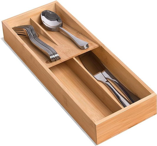 Bamboo Silverware Drawer Organizer, Kitchen Small Silverware Organizer, Utensil Tray Holder, Cutlery Tray for Spoons, Forks, Knives, Suitable for a family of 2-4
