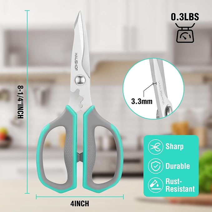 HAUSHOF Kitchen Scissors for Food, 8-1/4" Kitchen Scissors All Purpose | Heavy Duty Kitchen Shears, Sharp Stainless Steel Shears, Soft Grip, U-Groove, Food Scissors for Meat, Vegetables, Fine Bones