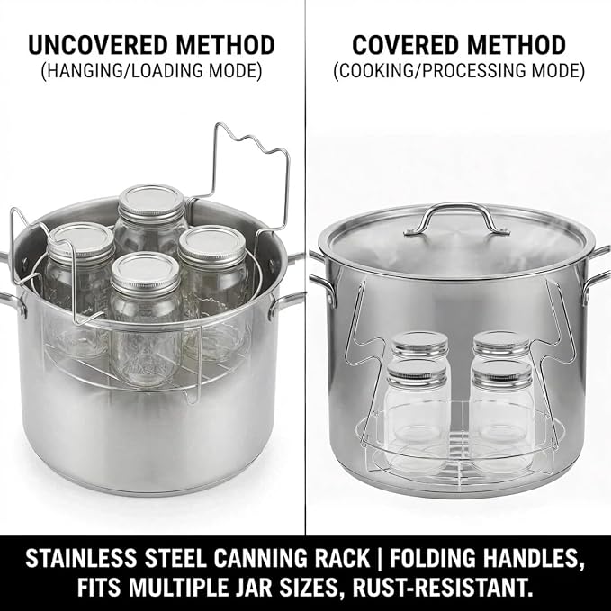 Stainless Steel Canning Rack with Jar Lifter Tongs, 12 Inch, 2-Piece Set | Heavy-duty canning basket separates mason jars for even water flow; fits water bath and pressure canners plus stock pots.