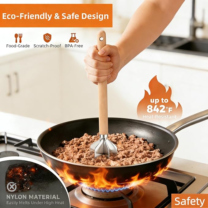 Meat Chopper - 6 Blades Stainless Steel Meat Masher, 11 Inch Ground Beef Masher, Premium Heat Resistant Smasher for Ground Beef, Hamburger Grinder, Potato Mix Tool, Meat & Poultry Tenderizers