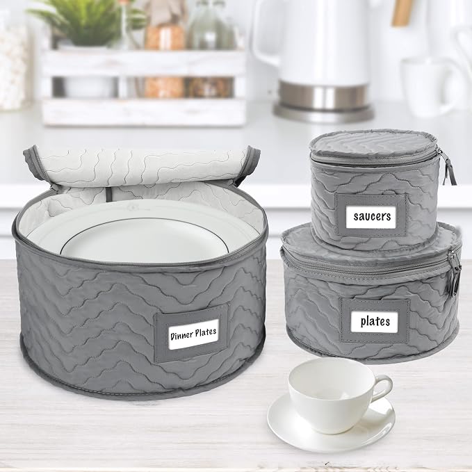LotFancy China Storage Containers, Quilted 5-Piece Set, Tea Cup and Saucer Storage Box, Chinaware Dinnerware Dish Plate Mug Storage Case, 48 Felt Protectors, Cardboard Dividers Included