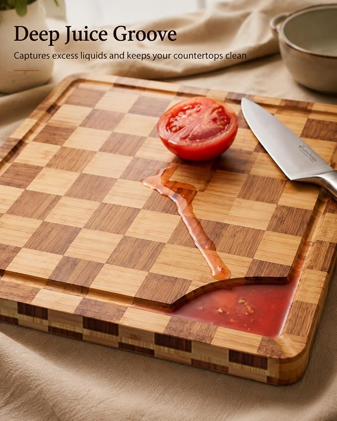 Bamboo Cutting Board 18" x 12", Heavy Duty End Grain Butcher Block for Kitchen, Wooden Chopping Board with Deep Juice Grooves and Handles for Cheese, Charcuterie, Meat, Serving and Gifting