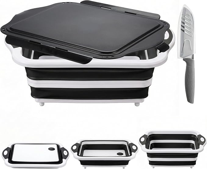 Collapsible BBQ Prep Tub with Lid, Foldable Camping Sink with Colander, Cutting Board, Dish Basin for Kitchen, Bowl, Vegetable and Fruit, Storage Basket for Picnic-Black