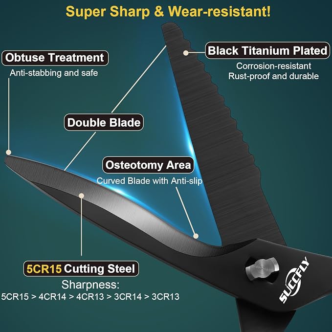 SUCCFLY Heavy Duty Kitchen Scissors for Food Titanium Plated Black 8.8 Inch | Premium Kitchen Shears, Ultra Sharp 5CR15 Detachable Blade, All-Steel & Anti-Slip Poultry Shears, All Purpose Scissors