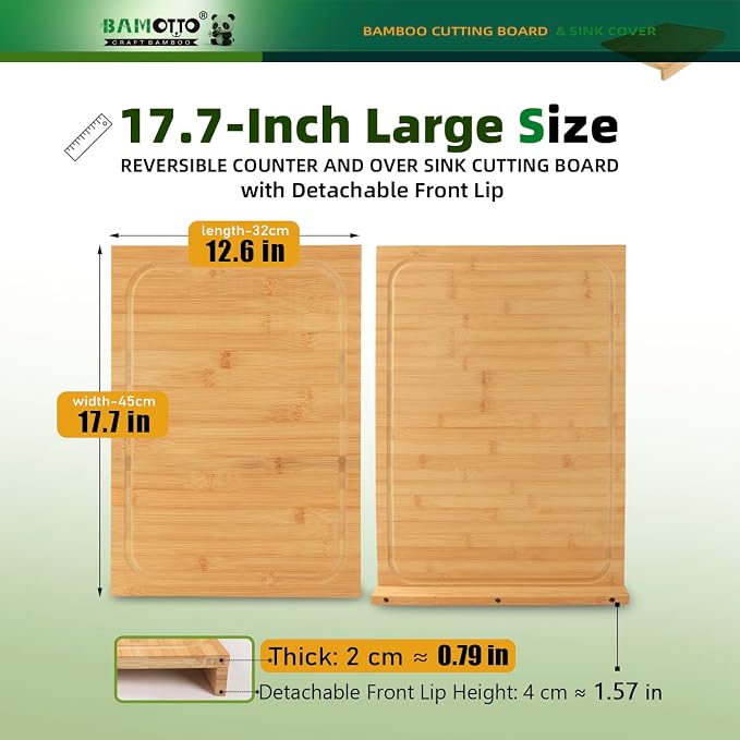 BAMOTTO CRAFTBAMBOO Bamboo Cutting Board for Kitchen 12.6"x17.7" Over-Sink | Detachable Front Lip | Reversible Dual Juice Grooves | Large Chopping Board for Bread Meat Vegetables