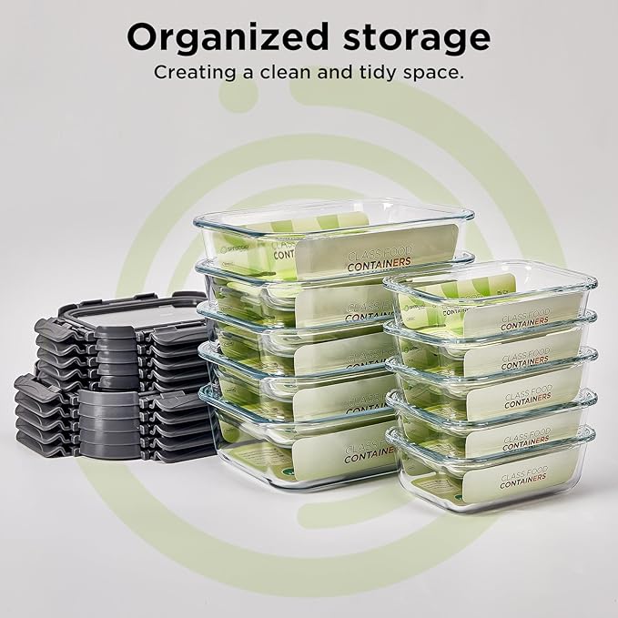 Glass Food Storage Containers with Lids,10 pack [36oz*5+13.5oz*5], Glass Meal Prep Container with Airtight Lids, Microwave Safe Food Container Set, BPA Free, LeakProof, Ideal for Lunch